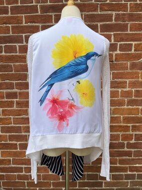 FARM RIO White Draped Waterfall Cardigan Sheer Mesh Long Sleeves Blue Bird Print